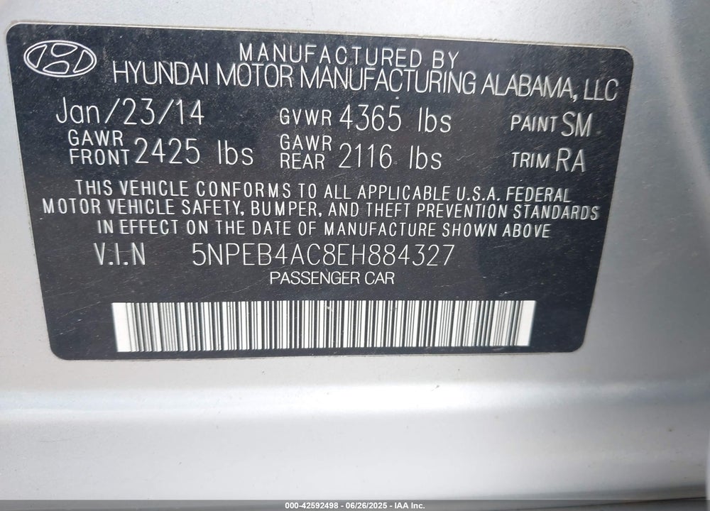 2014 HYUNDAI SONATA VIN: 5NPEB4AC8EH884327