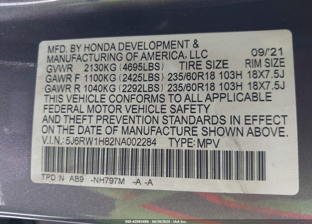 2022 HONDA CR-V VIN: 5J6RW1H82NA002284