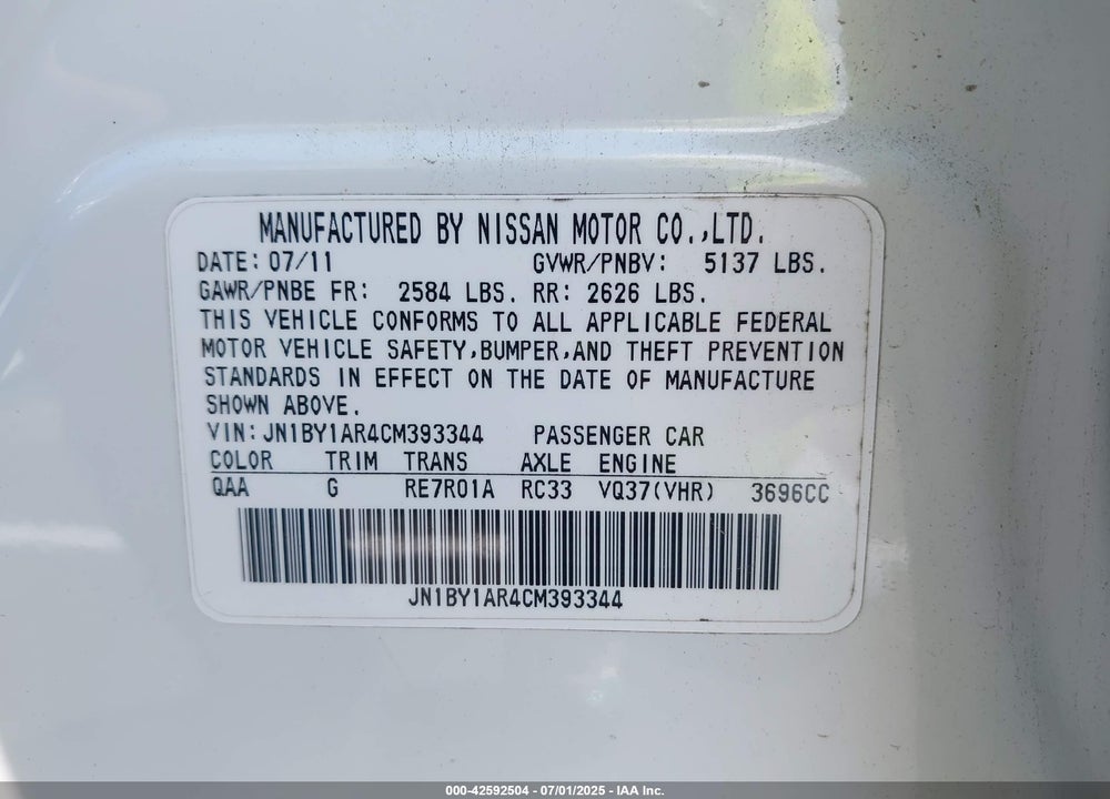 2012 INFINITI M37 VIN: JN1BY1AR4CM393344