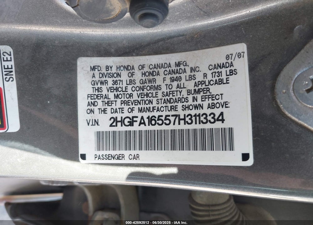 2007 HONDA CIVIC VIN: 2HGFA16557H311334
