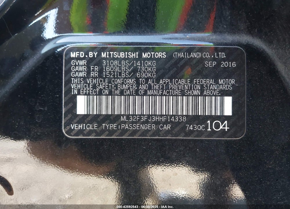 2017 MITSUBISHI MIRAGE G4 ES VIN: ML32F3FJ3HHF14338