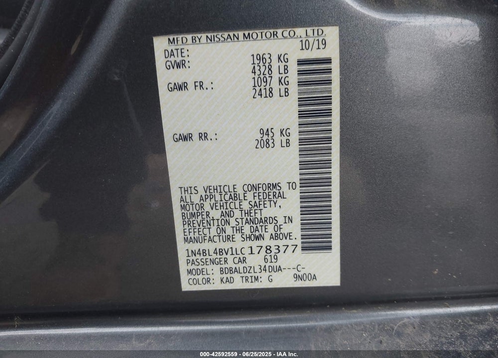 2020 NISSAN ALTIMA VIN: 1N4BL4BV1LC178377