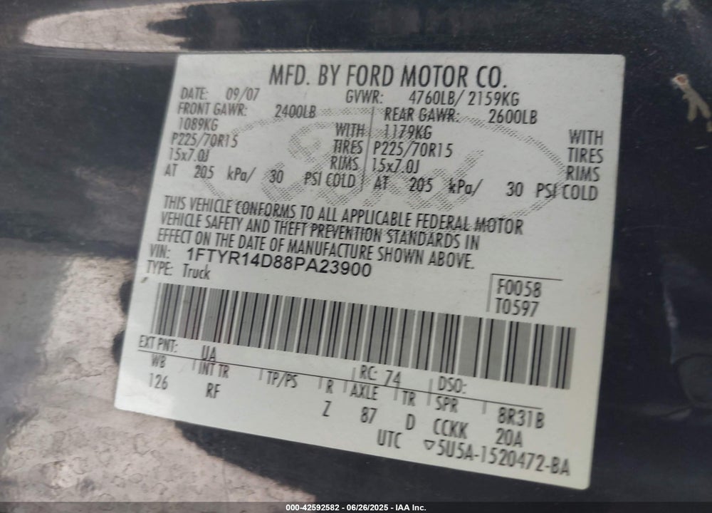 2008 FORD RANGER VIN: 1FTYR14D88PA23900