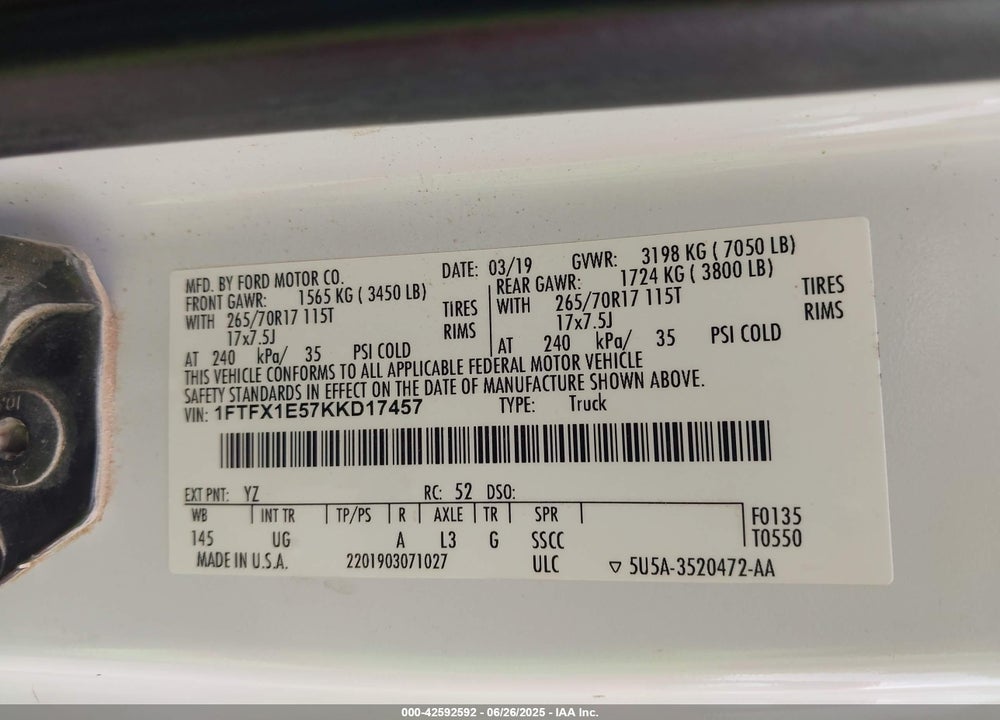 2019 FORD F-150 VIN: 1FTFX1E57KKD17457