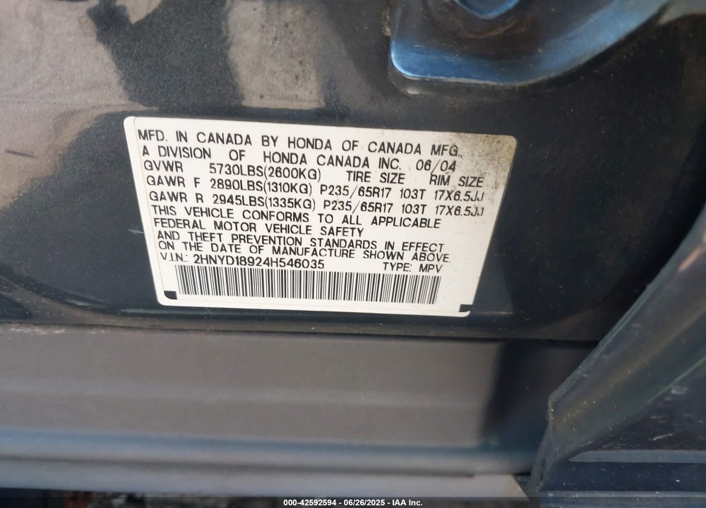2004 ACURA MDX VIN: 2HNYD18924H546035