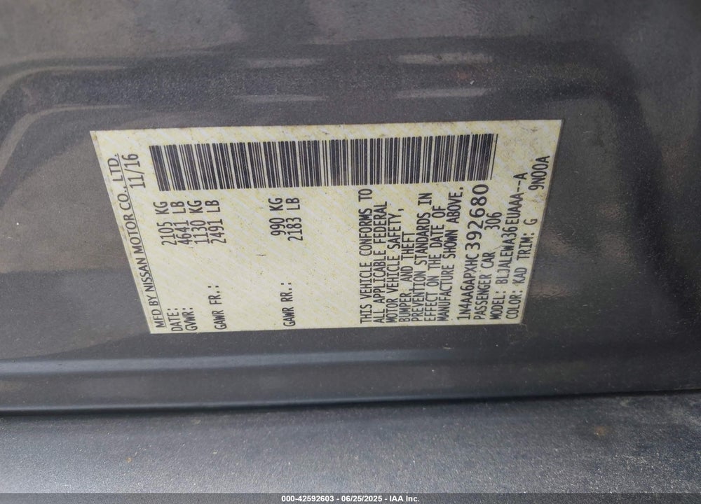 2017 NISSAN MAXIMA VIN: 1N4AA6APXHC392680