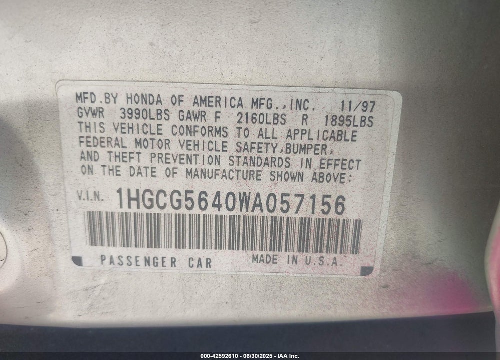1998 HONDA ACCORD LX VIN: 1HGCG5640WA057156