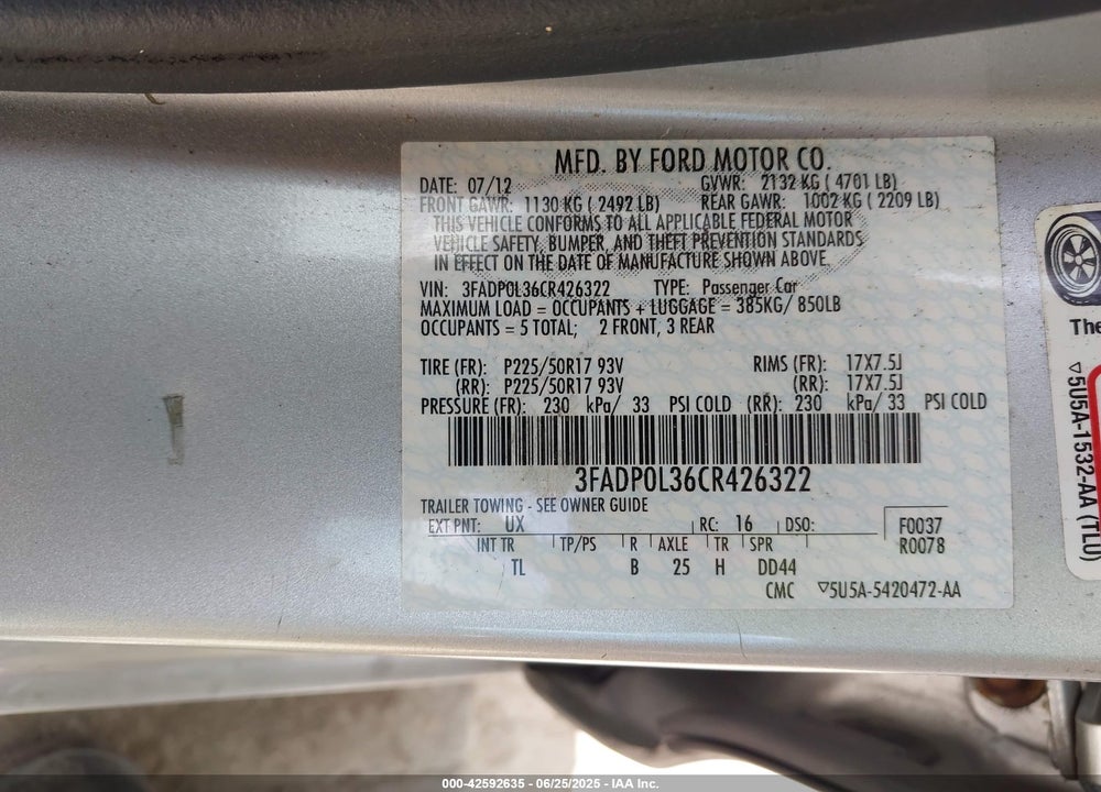 2012 FORD FUSION HYBRID VIN: 3FADP0L36CR426322
