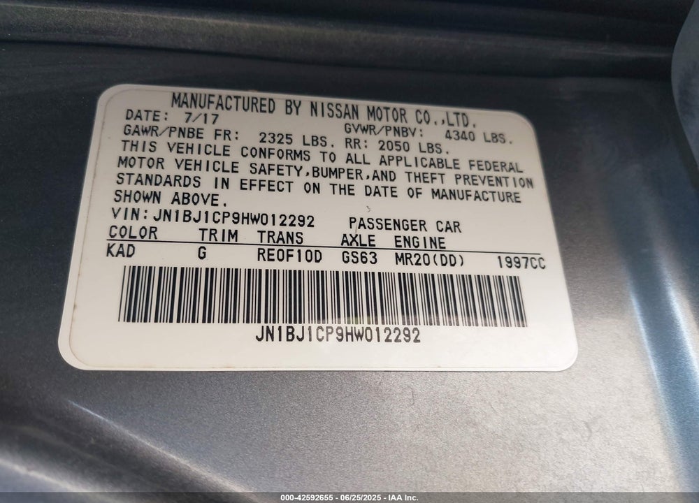 2017 NISSAN ROGUE SPORT VIN: JN1BJ1CP9HW012292