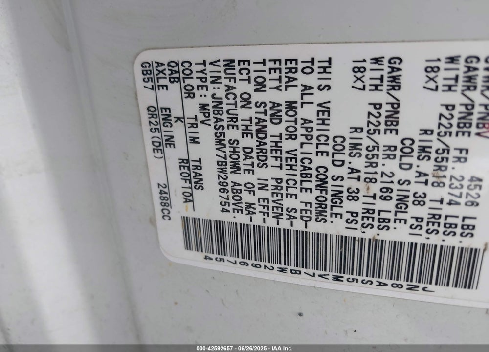 2011 NISSAN ROGUE VIN: JN8AS5MV7BW296754