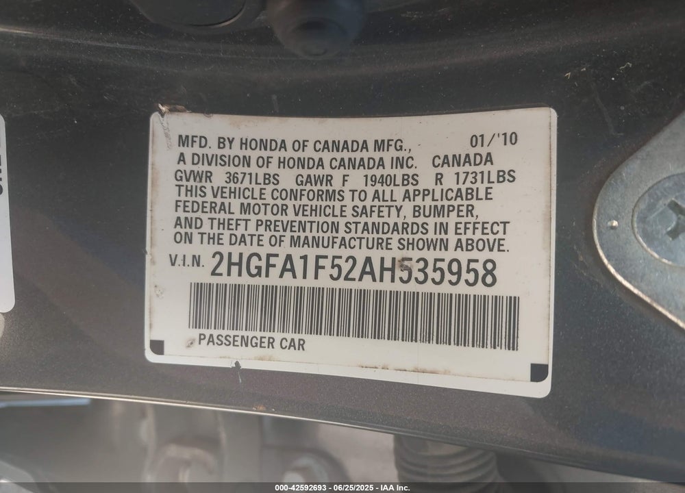 2010 HONDA CIVIC VIN: 2HGFA1F52AH535958