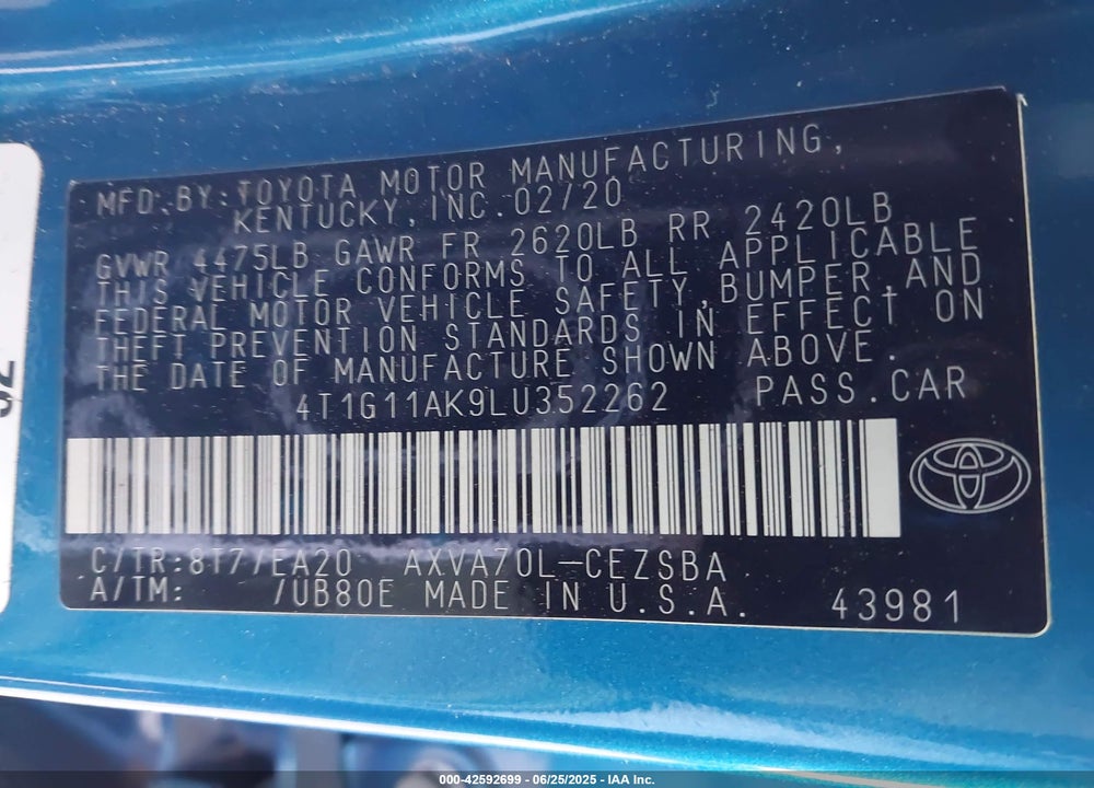 2020 TOYOTA CAMRY VIN: 4T1G11AK9LU352262