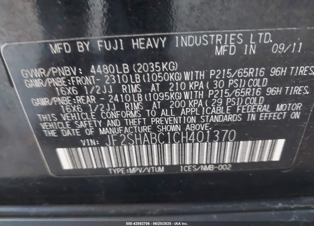 2012 SUBARU FORESTER VIN: JF2SHABC1CH401370