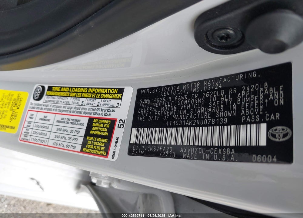 2024 TOYOTA CAMRY HYBRID VIN: 4T1S31AK2RU078139