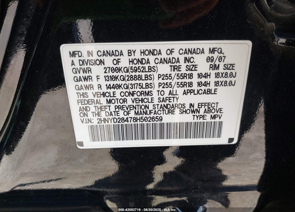 2008 ACURA MDX VIN: 2HNYD28478H502659