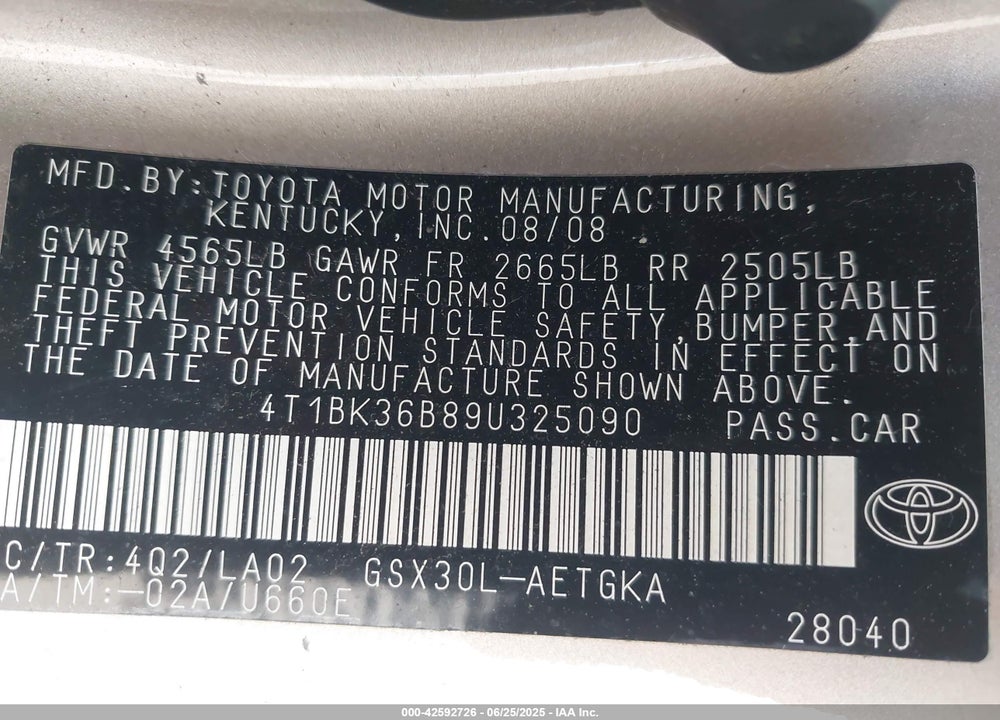 2009 TOYOTA AVALON XLS VIN: 4T1BK36B89U325090