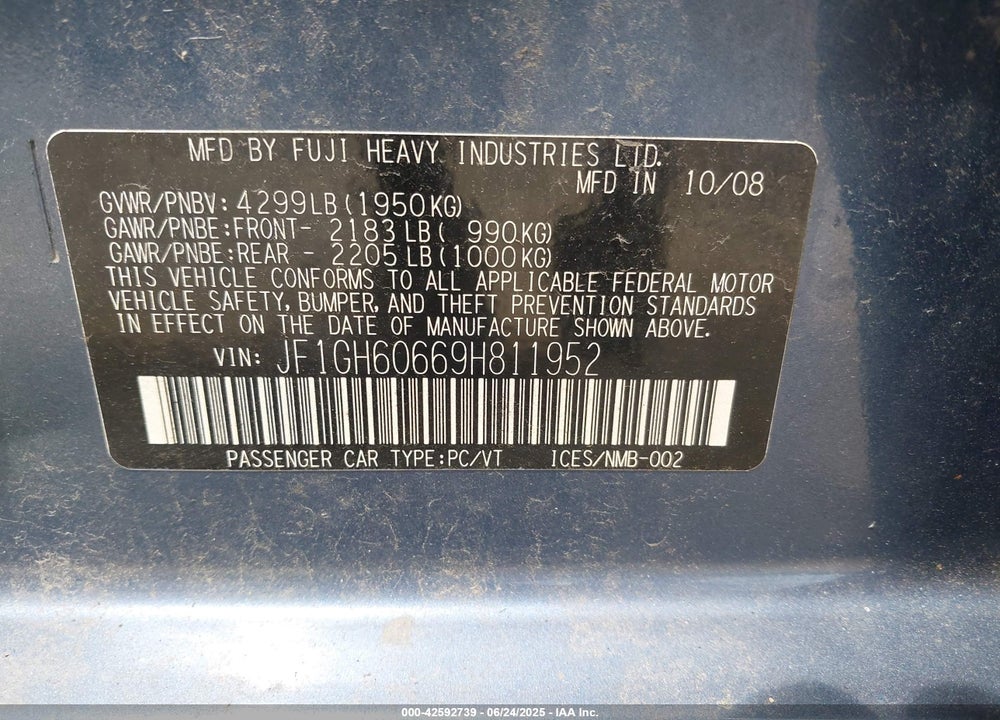 2009 SUBARU IMPREZA VIN: JF1GH60669H811952