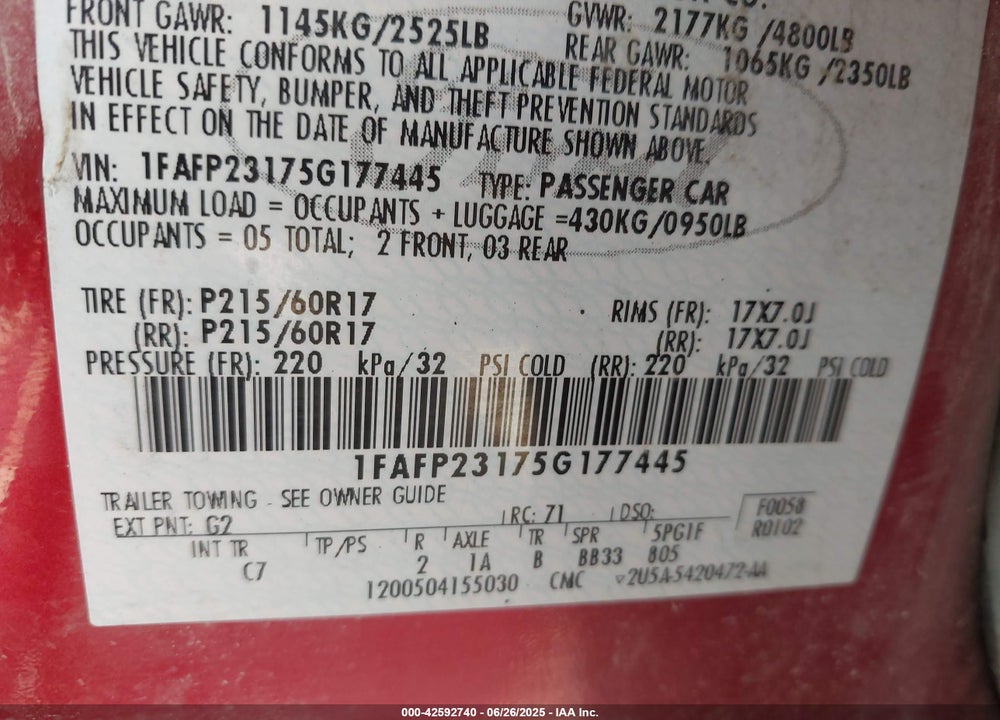 2005 FORD FIVE HUNDRED SE VIN: 1FAFP23175G177445