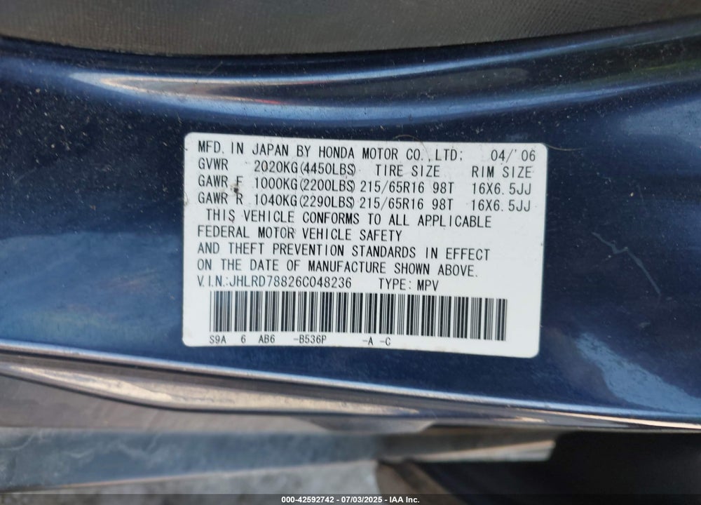 2006 HONDA CR-V VIN: JHLRD78826C048236
