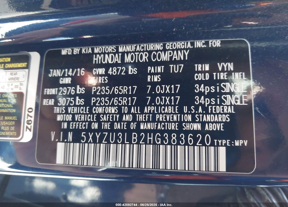 2017 HYUNDAI SANTA FE SPORT VIN: 5XYZU3LB2HG383620