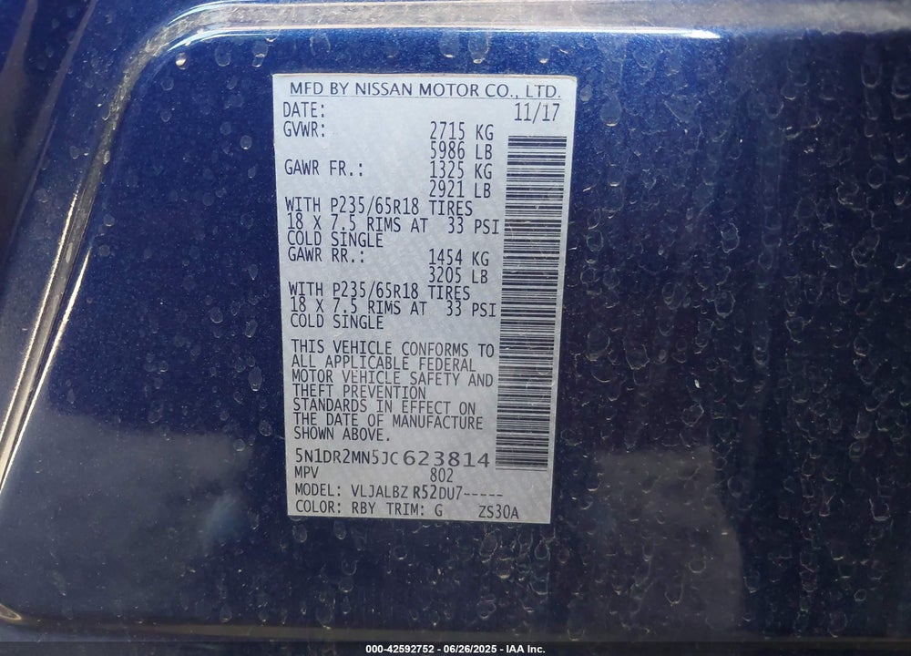 2018 NISSAN PATHFINDER VIN: 5N1DR2MN5JC623814
