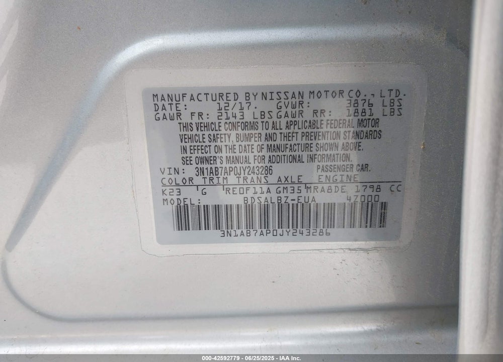 2018 NISSAN SENTRA VIN: 3N1AB7AP0JY243286