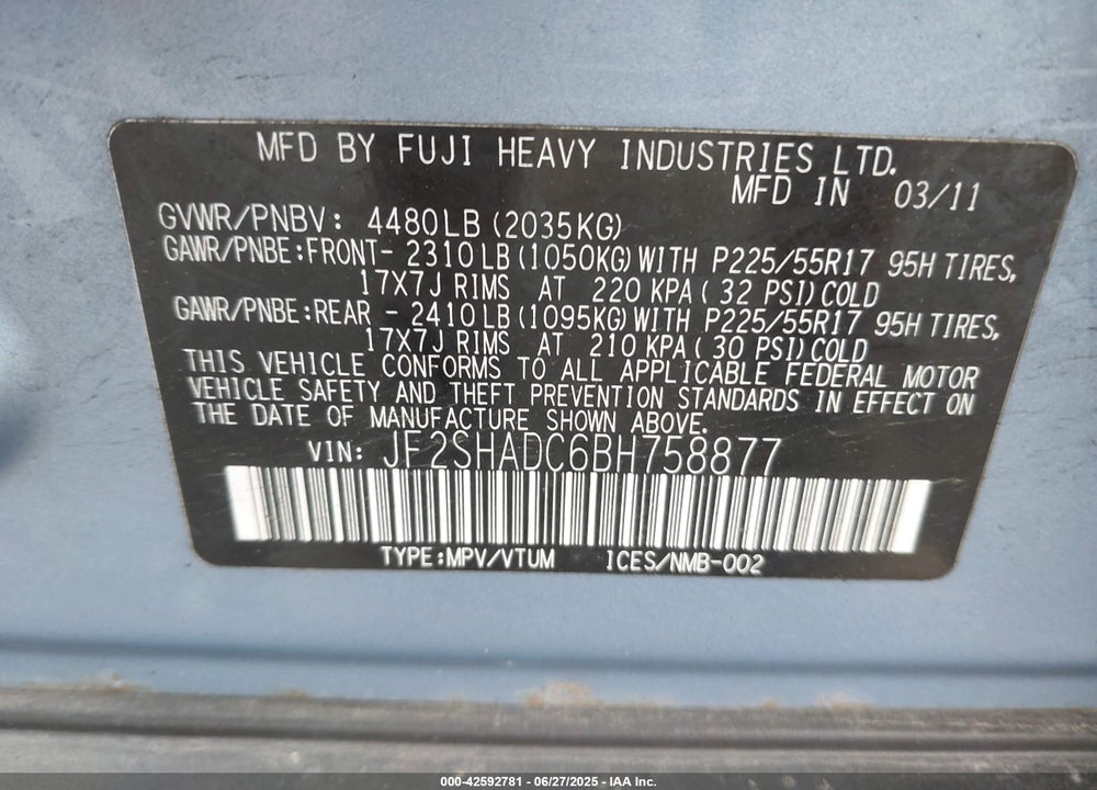 2011 SUBARU FORESTER VIN: JF2SHADC6BH758877