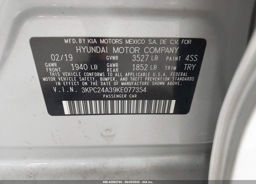 2019 HYUNDAI ACCENT VIN: 3KPC24A39KE077354