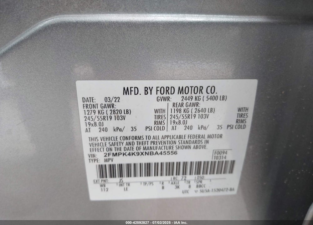 2022 FORD EDGE VIN: 2FMPK4K9XNBA45556