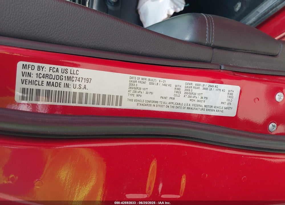 2021 DODGE DURANGO VIN: 1C4RDJDG1MC747197