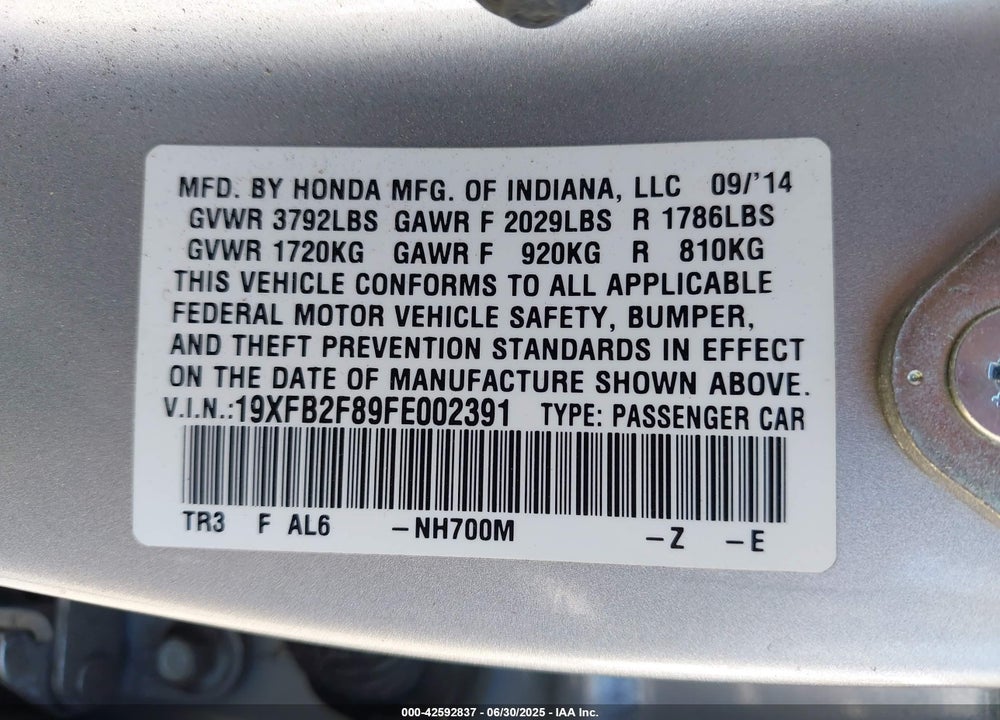 2015 HONDA CIVIC EX VIN: 19XFB2F89FE002391