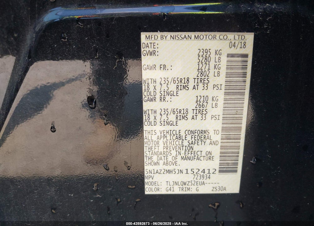 2018 NISSAN MURANO VIN: 5N1AZ2MH5JN152412