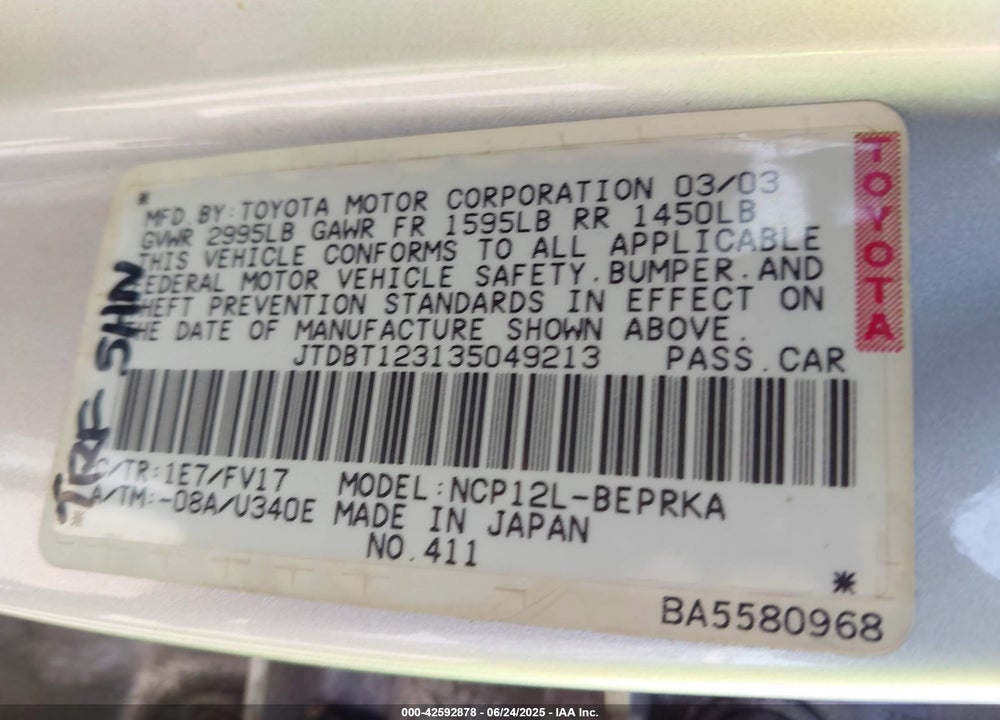 2003 TOYOTA ECHO VIN: JTDBT123135049213