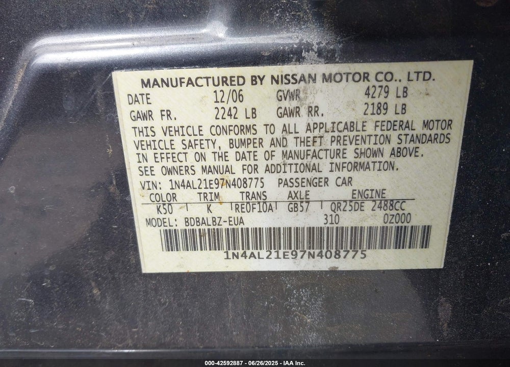 2007 NISSAN ALTIMA VIN: 1N4AL21E97N408775