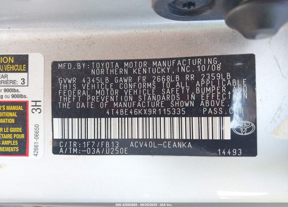 2009 TOYOTA CAMRY VIN: 4T4BE46KX9R115335