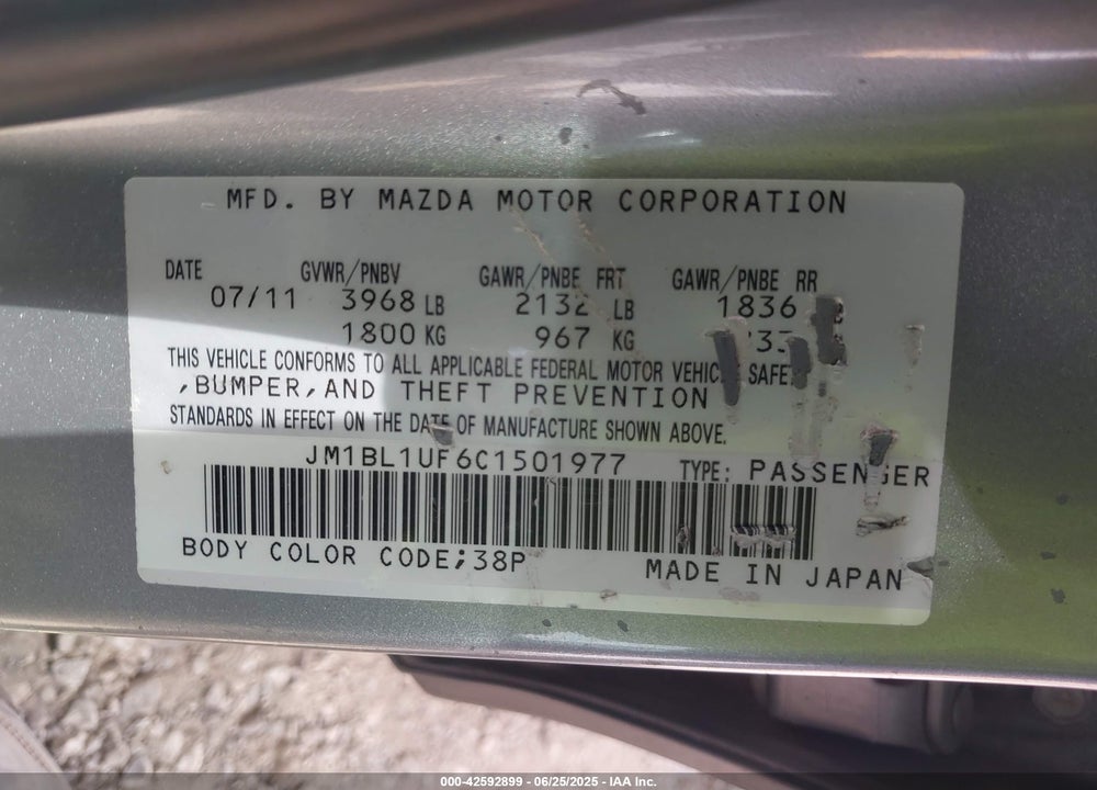 2012 MAZDA 3 VIN: JM1BL1UF6C1501977