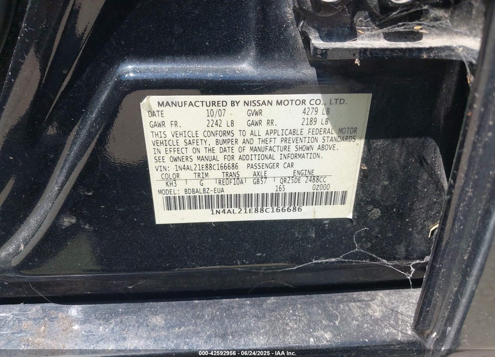2008 NISSAN ALTIMA 2.5 S VIN: 1N4AL21E88C166686
