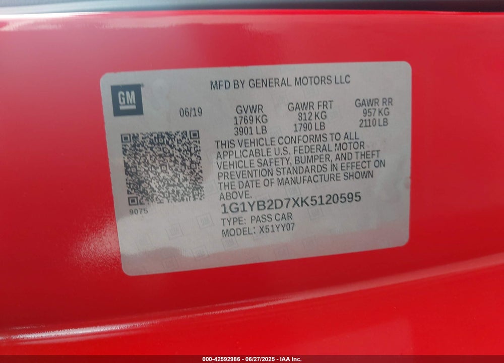 2019 CHEVROLET CORVETTE VIN: 1G1YB2D7XK5120595