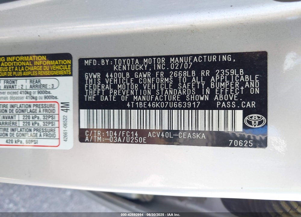 2007 TOYOTA CAMRY VIN: 4T1BE46K07U663917