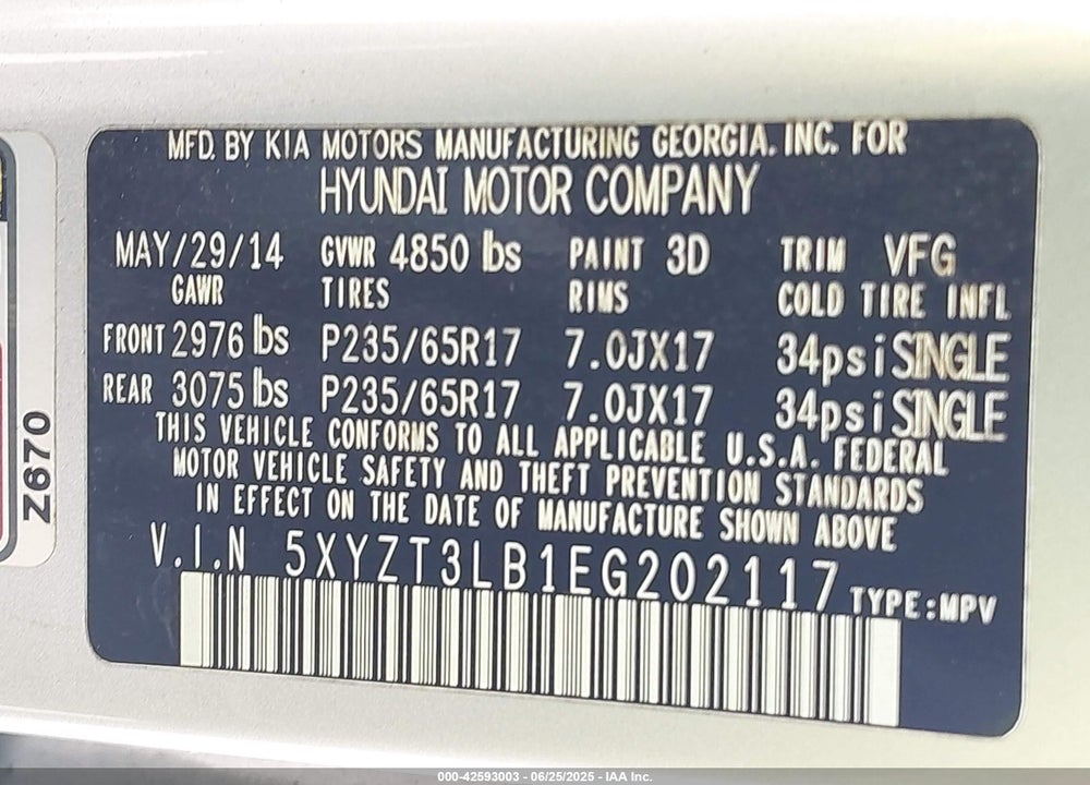 2014 HYUNDAI SANTA FE SPORT VIN: 5XYZT3LB1EG202117