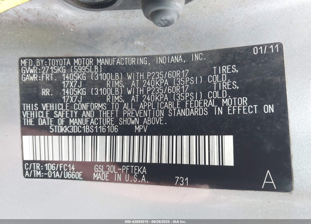 2011 TOYOTA SIENNA LE V6/LE V6 AUTO ACCESS SEAT VIN: 5TDKK3DC1BS116106