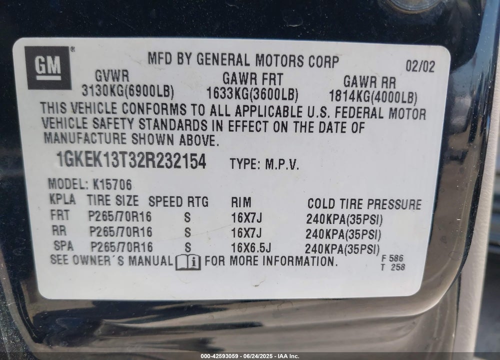 2002 GMC YUKON VIN: 1GKEK13T32R232154