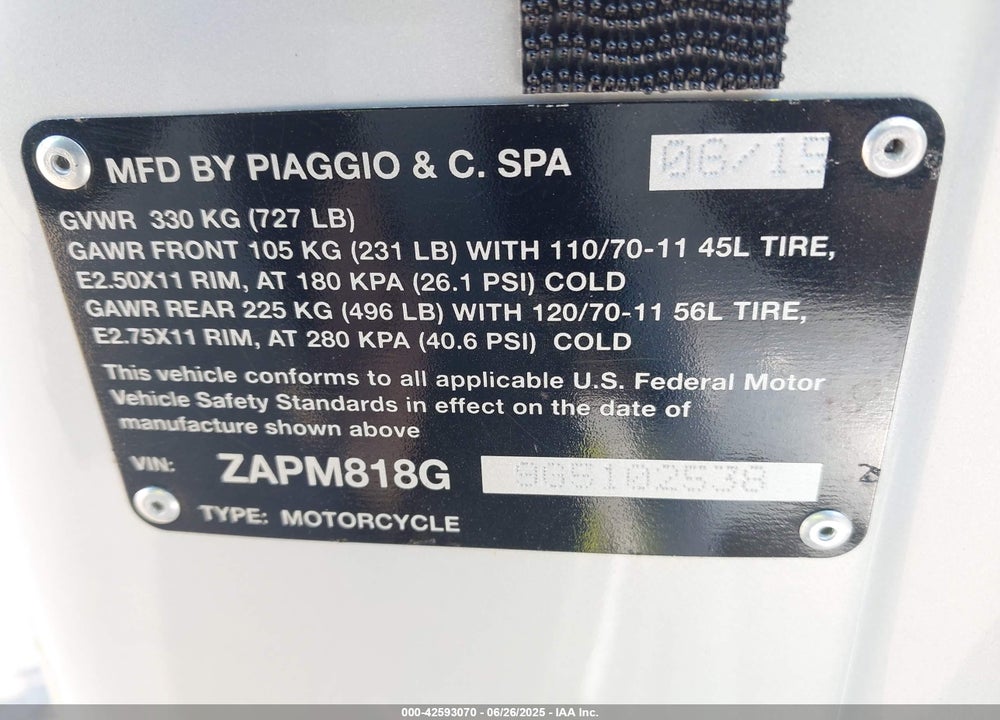 2016 VESPA SPRINT 150 3V VIN: ZAPM818G9G5102538