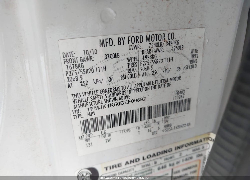 2011 FORD EXPEDITION EL VIN: 1FMJK1K50BEF09892