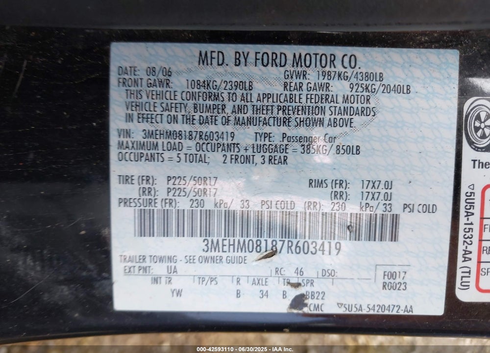 2007 MERCURY MILAN VIN: 3MEHM08187R603419