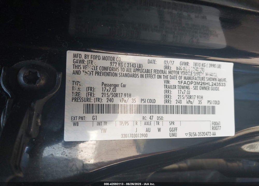 2017 FORD FOCUS VIN: 1FADP3M26HL243533