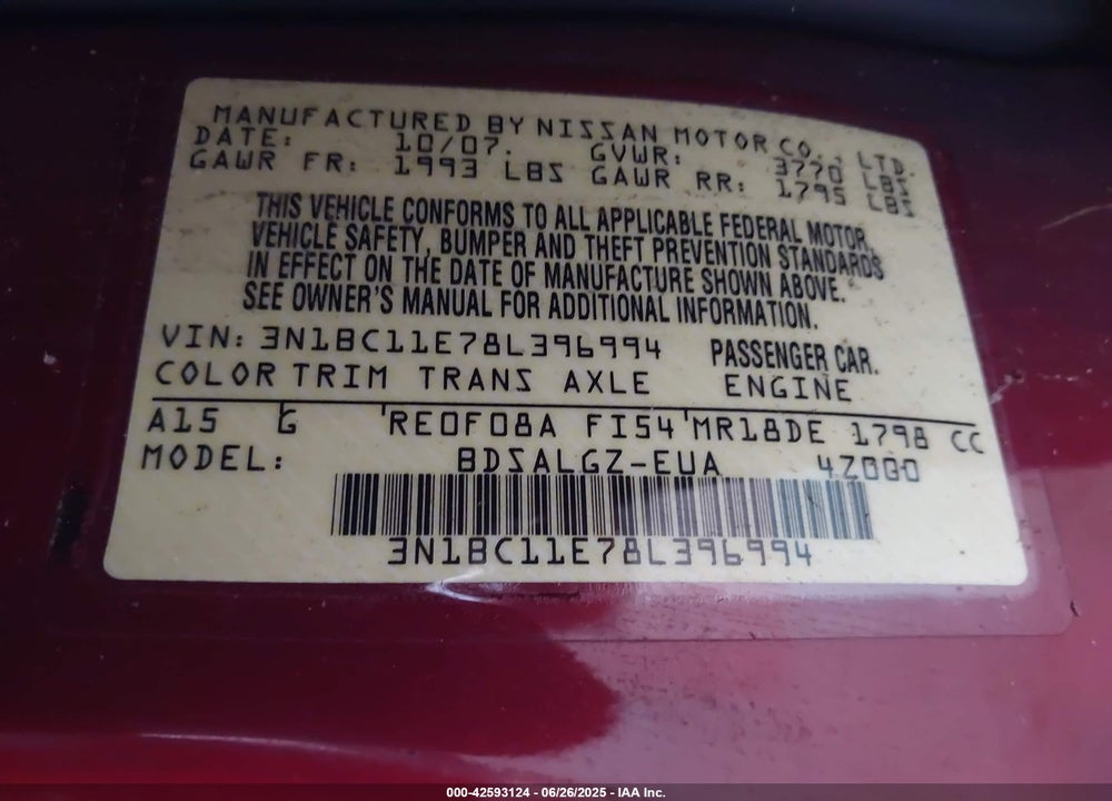 2008 NISSAN VERSA 1.8SL VIN: 3N1BC11E78L396994