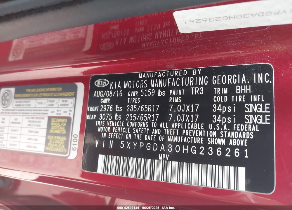 2017 KIA SORENTO VIN: 5XYPGDA30HG236261