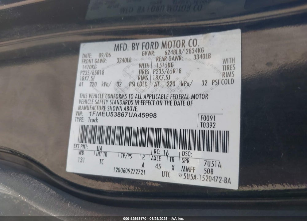 2007 FORD EXPLORER SPORT TRAC LIMITED VIN: 1FMEU53867UA45998