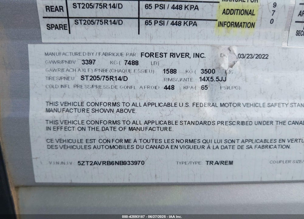 2022 AVENGER TRAVEL TRAILER VIN: 5ZT2AVRB6NB933970